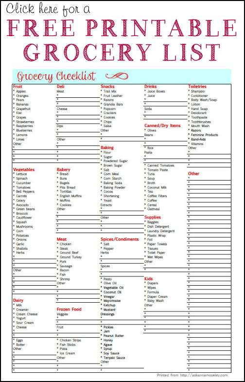 Free Grocery List Printable - 24/7 Moms